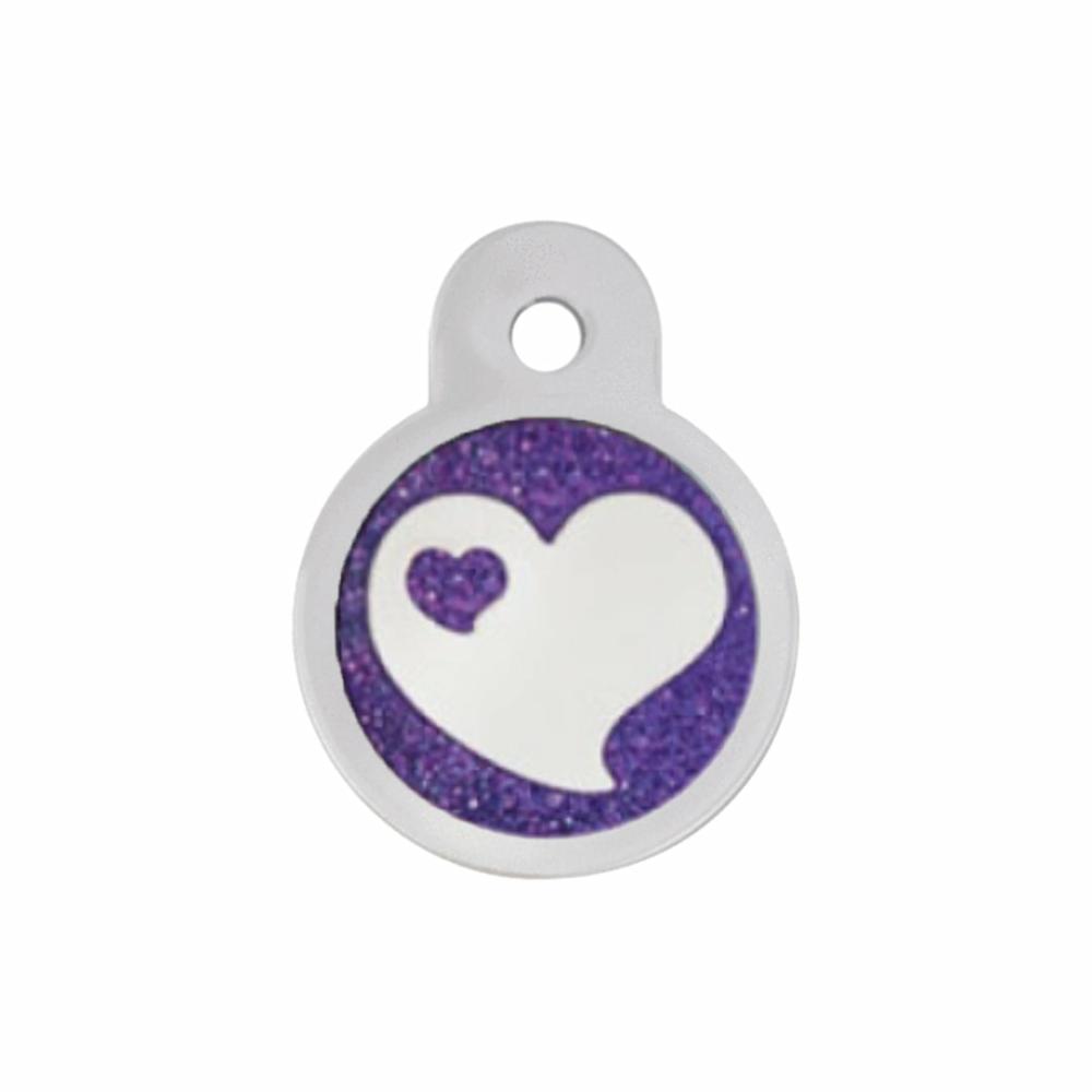 Personalised Pet Tag – Small Circle – Puple Epoxy Glitter Heart Cat